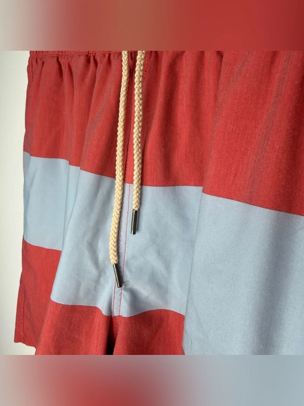 Fair Harbor Men’s Swim Trunks Coral Blue Retro Stripe Size XL